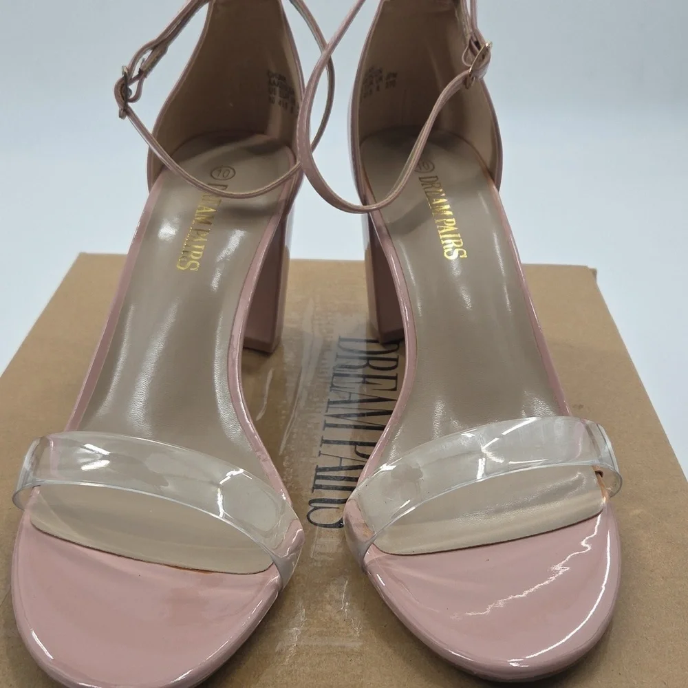 Pink Ankle Strap Block Heels With Clear Toe Strap Size 10